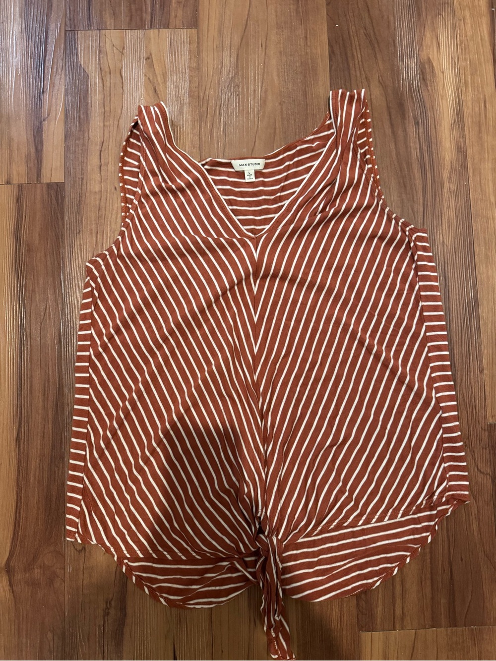 Max Studio Rust and White Striped Tie-Front Tank